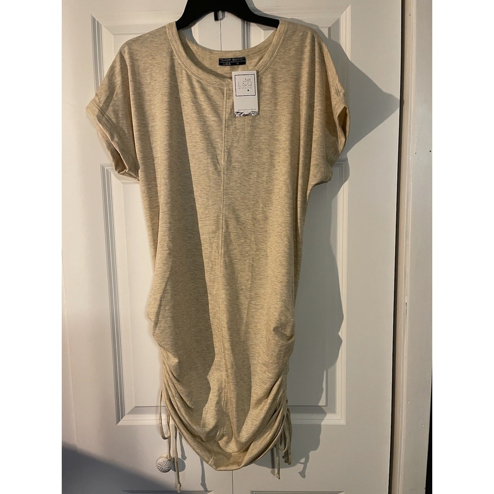 Boutique shop basic Usa Ruched T Shirt Mini dress beige heathered medium nwt